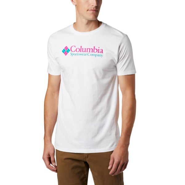 Tricko Columbia Logo Panske Biele Ruzove | SK-WMQ-921453